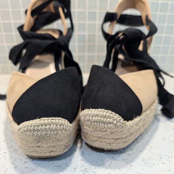 Zara Espadrille Wedge Sandals Black Tan Ankle Tie Wrap Platform Heels - Picture 11 of 14